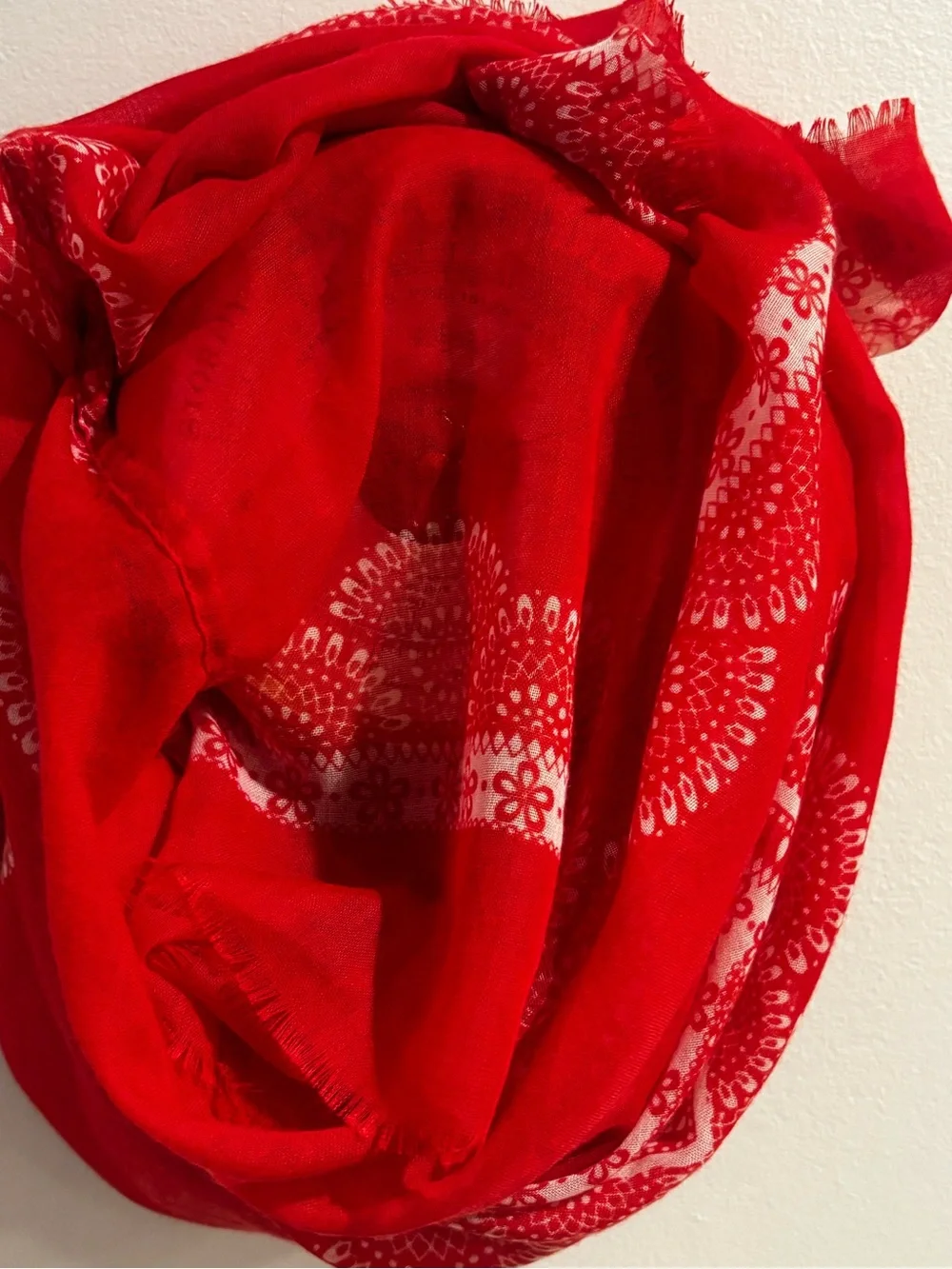 VTG vibrant red-and-orange lightweight infinity scarf with an ornate mandala